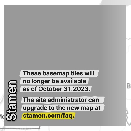 A gray square overlaid with text reading 'These basemap tiles will no longer be available as of October 31, 2023. The site administrator can upgrade to the new map at stamen.com/faq'